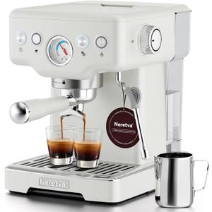 Neretva Espresso Machine, 15 Bar Espresso Coffee Machine with Visible Pressure Guage Professional Espresso Maker with Milk Frother & Stainless Steel for Home Barista Latte and Cappuccino Maker - White