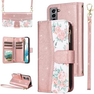Furiet for Samsung Galaxy S21 5G 6.2 inch Floral Wallet Case with Flip Zipper Purse Wrist Strap Shoulder Strap, Luxury Glitter PU Leather Card Holder Stand Cell Phone Cover for S 21 21S G5 Rose Gold