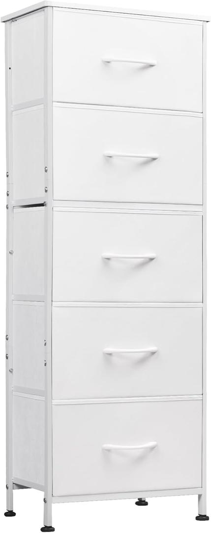 WLIVE Fabric Dresser, 5-Drawer Tall Dressers for Bedroom, Storage Dresser Organizer with Fabric Bins, Wood Top, Sturdy Steel Frame, Chest of Drawers for Closet, Hallway, White