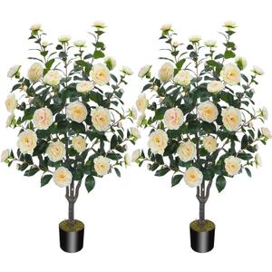 3.6FT Artificial Camellia Fake Tree, Artificial Plants & Flowers with 32 Yellow Pink Flowers for Door Front Decoration Porch Patio Living Room Office Indoor Outdoor Decor (2PCS Contains Dried Moss)