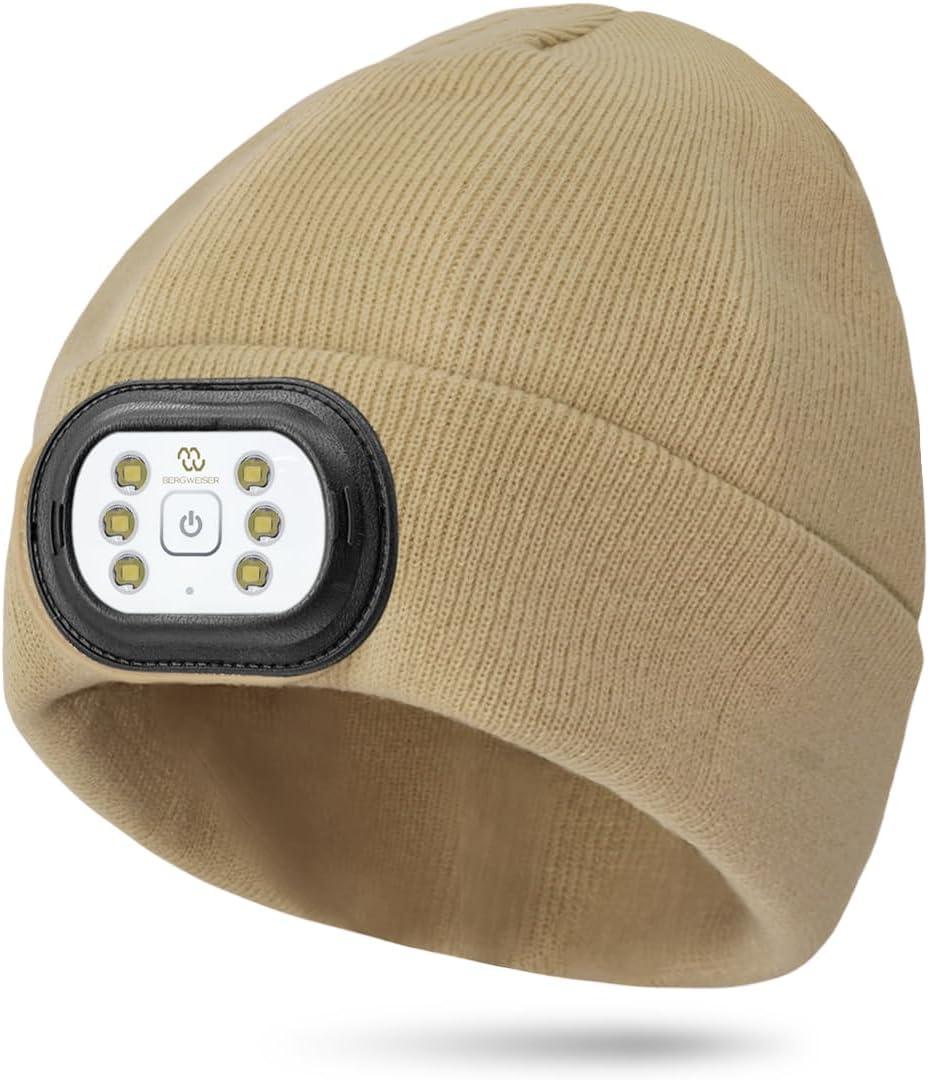 LED Beanie with Light, 3 Adjustable Modes Headlamp Beanie Hat, Removable Rechargeable USB with Night Strobing for Outdoor Running, Camping, Hiking, Fishing, Christmas Gift for Men Women (Khaki)