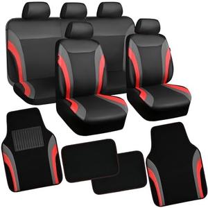 CAR PASS Leather Car Seat Covers Full Set with Waterproof Car Floor Mats,Airbag Compatible,Automotive Interior Covers for Cars Sedans,Trucks,Vans,SUV with Car Carpet Mats(Black and Red)