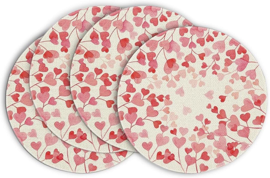 Artoid Mode Pink Love Hearts Round Valentine Placemats Set of 4, 13.5 Inch Anniversary Wedding Round Table Mats for Dining Decoration