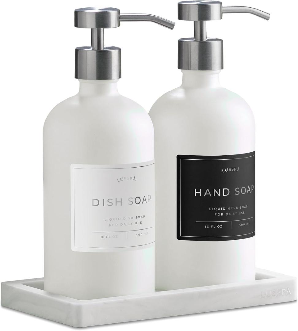 Glass Soap Dispenser Set of 2 (White) with Silicone Tray | Hand and Dish Soap Dispenser for Kitchen and Bathroom | 16.8 Oz Glass Bottles with Stainless Steel Pump & 15 Waterproof Labels (White/Silver)