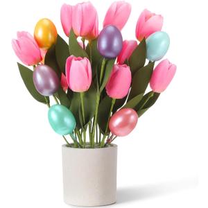 Canlierr Easter Decoration Artificial Easter Tulip and Egg in Pot 12" Tall Potted Spring Tulip Flower Decor for Table Centerpiece Mantel Party Gift(Pink)