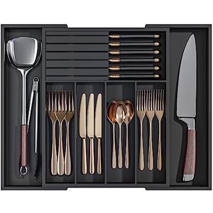 WUSHIZHUHUN Utensil Organizer Silverware Tray for Drawer - Bamboo Knife Drawer Organizer Expandable Cutlery Organizer in Drawer Knife Block W12.8-20.2" x L16 x H2 (Black)