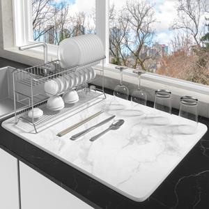 Dish Drying Stone for Kitchen Counter Multi-Purpose Stone Drying Tray Mat, White Marble Stone Extra Large Size 23.6x15.3in, (4PCS)