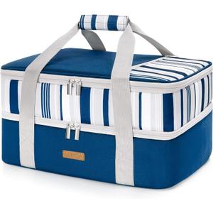 Double Decker Insulated Casserole Carrier for Hot or Cold Food, Lasagna Holder Tote for Potluck Parties/Picnic/Cookouts, Fits 9"x13" Baking Dish, Blue (15.7 x 11.4 x 8.3inch)