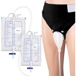 Wearable Urine Collector for Men with Silicone Urine Cup Adjustable Support Pants and Dual Urinary Bags 2000ml Night Use and 1000ml Day Use External Catheter for Men, Elderly Men Black