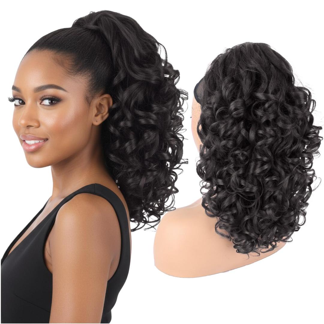 Long Curly Ponytail Extension 20Inch Synthetic Curly Drawstring Ponytail for Women Synthetic Yaki Pony Tail Hairpiece for Daily Use(2# Brown Black)