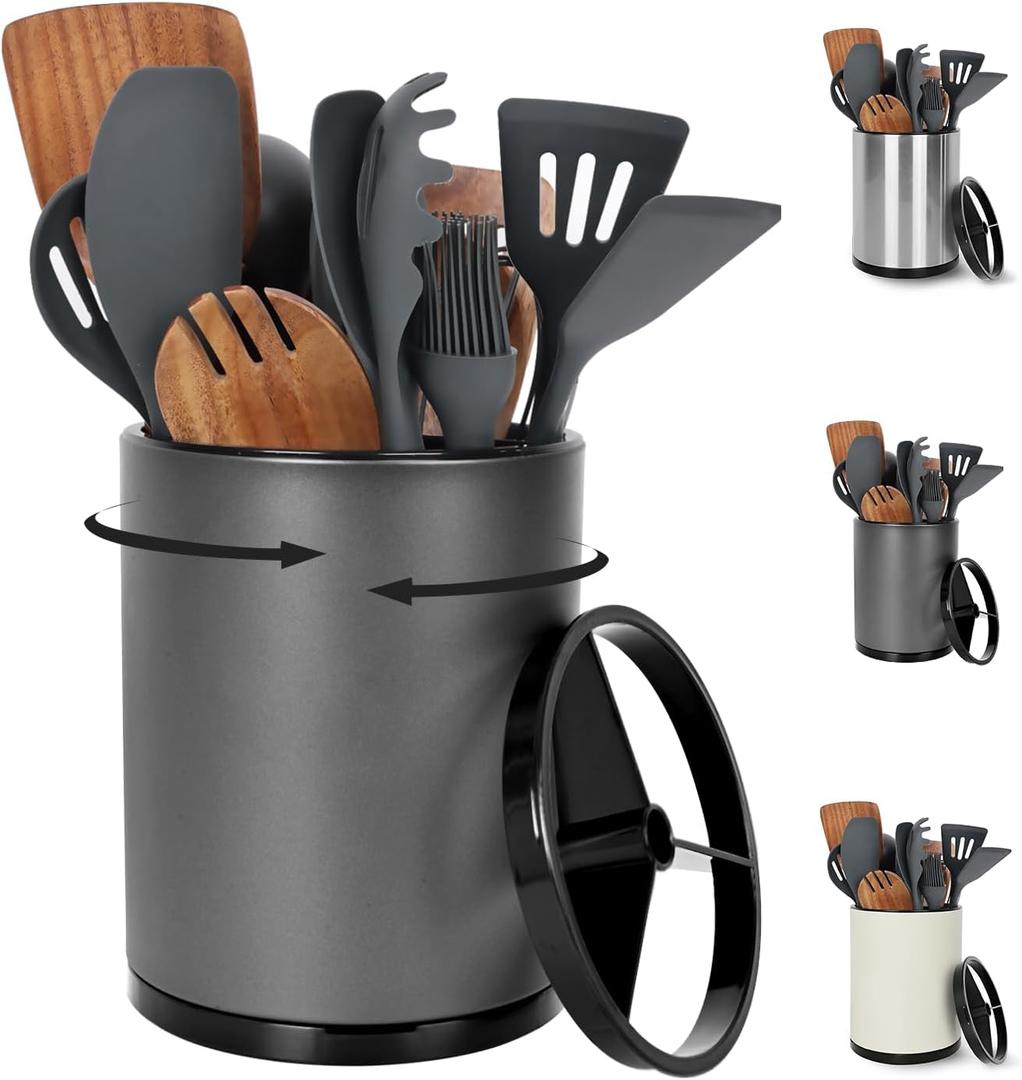 Extra Large Kitchen Utensil Holder - 360 Rotating Stainless Steel Cooking Utensil Holder for Countertop, 3 Compartment Flatware Organizer & Utensil Caddy with Removable Base, Grey