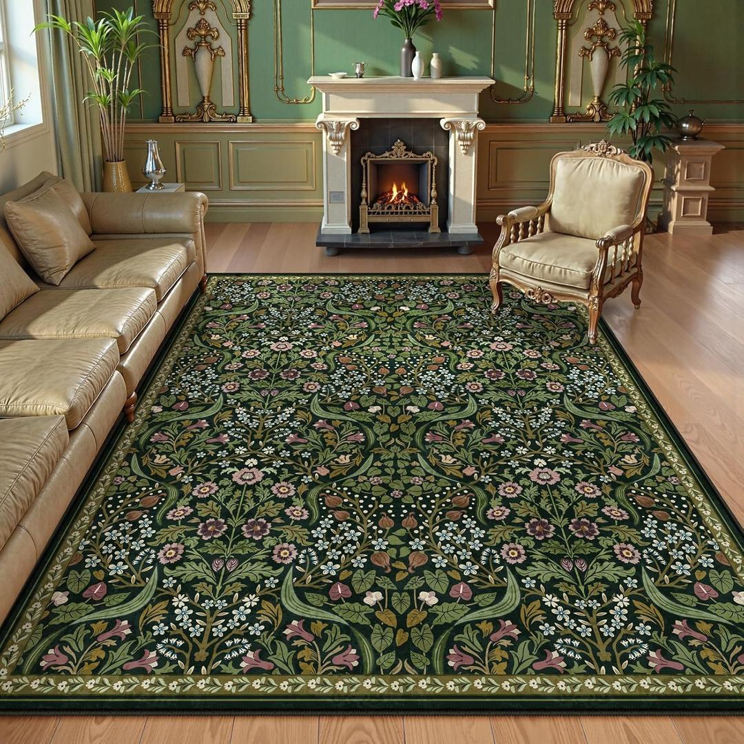 Lahome Claude Floral 8x10 Green Living Room Rugs, Large Washable Area Rug for Bedroom Rubber Backed, Botanical Thin Stain-Resistant Carpet for Dining Room Under Table, Kids Room, Nursery