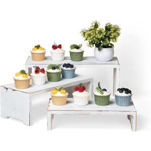 Set of 3 Wooden Rustic Cupcake Stand for 24 Cupcakes, Stepped Wood Display Stand for Weddings, Tiered Party Buffet Table Display Nesting Riser for Food , Dessert, Cookie, Craft Show, White (White)