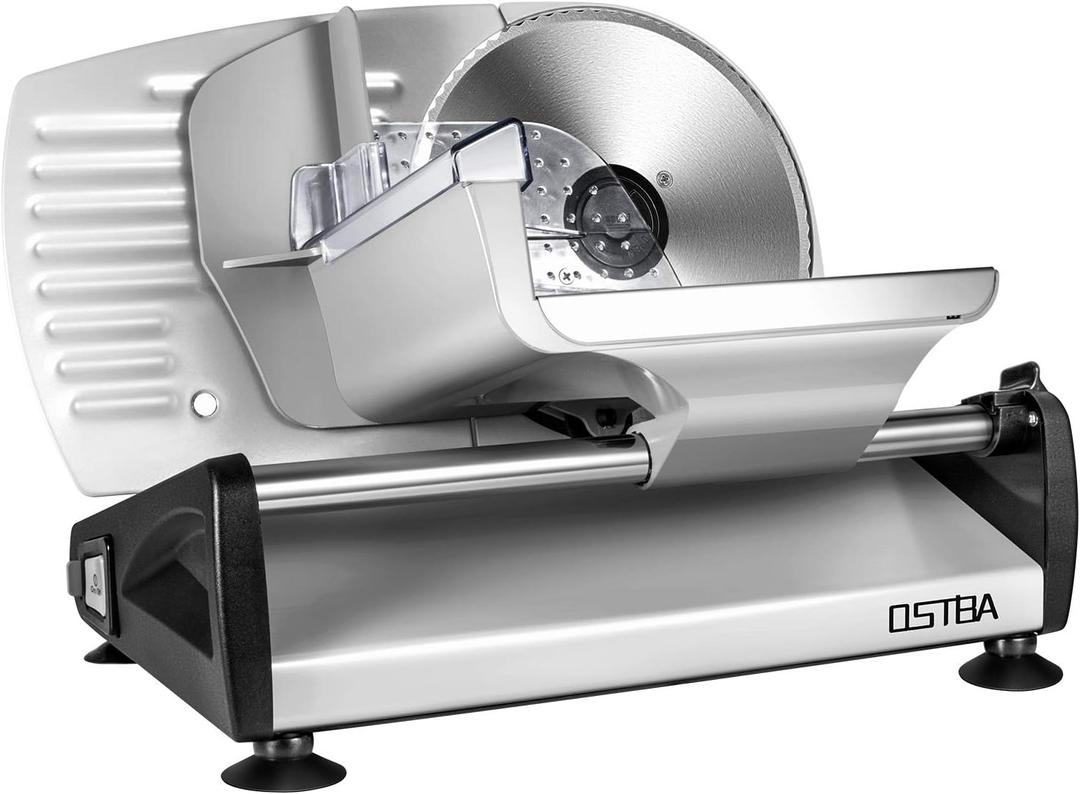 OSTBA Electric Deli Meat Slicer, 200W Food Slicer with 0-15mm Adjustable Thickness, 7.5 Removable Stainless Steel Blade & Food Carriage, Child Safety Lock, Easy to Clean - For Home Use
