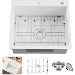 White Stainless Steel Kitchen Sink - 25x22 Inch Single Bowl Topmount With Sink Grid and Drain Assembly - Clean & Bright Bar Sink to Enhance Aesthetic Appeal of Modern Kitchen