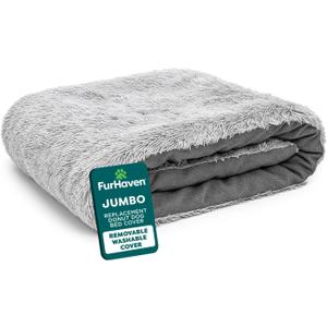 FurHaven Replacement Dog Bed Cover, Long Faux Fur for Calming Cuddlers, Machine Washable, Customizable Filling, Jumbo XL, Faux Fur, Misty Gray