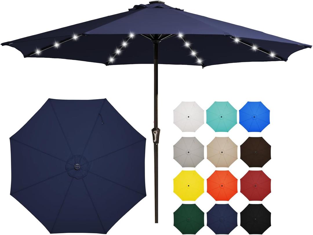 JEAREY 11' LED Lighted Patio Umbrellas Outdoor Solar Table Market Umbrella w/Crank, 8 Sturdy Ribs, UV Protection Waterproof Sunproof(Navy Blue)