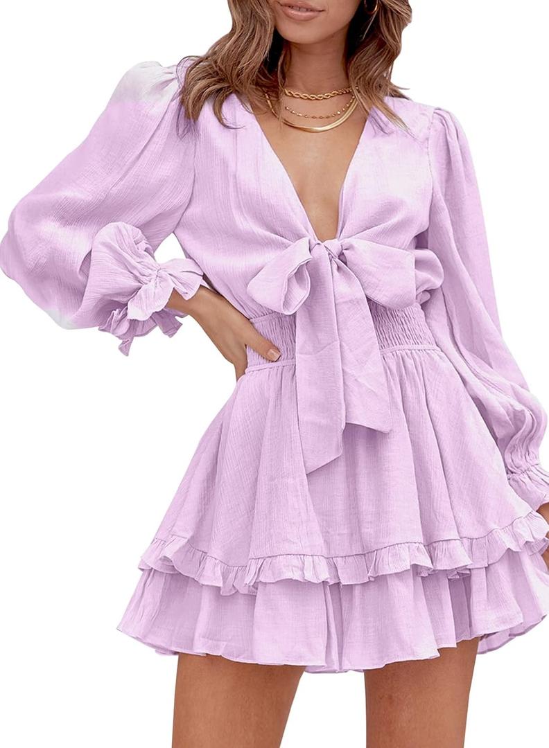 AlvaQ Womens Dresses Spring Summer Knot Front V Neck Ruffles Long Sleeve Floral Print Swing Mini Dress (Medium, Pink)
