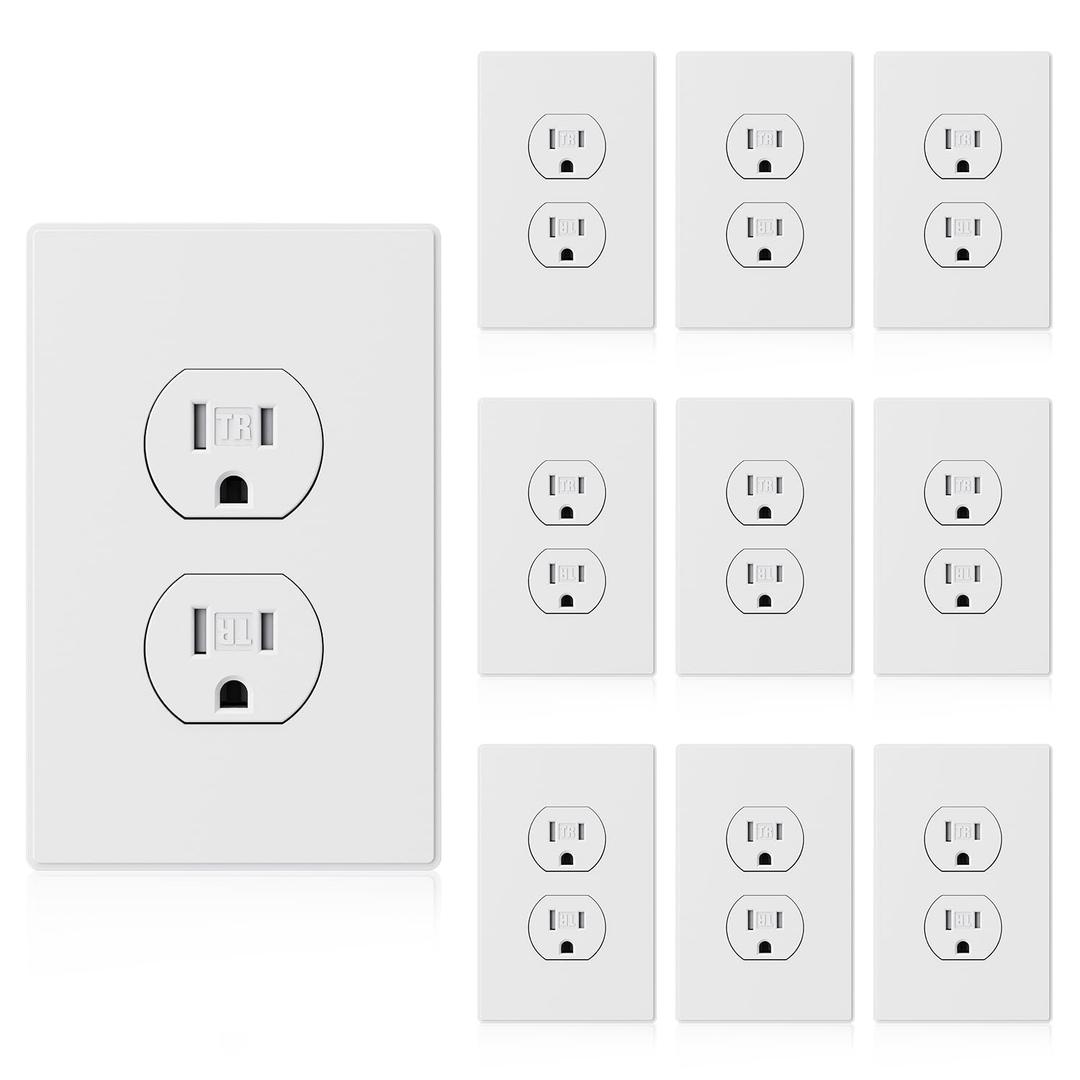 ELEGRP 15 Amp 125V Duplex Receptacle Outlets, Standard Electrical Wall Outlet, TR Tamper Resistant, Self-Grounding, Residential Grade, Mid Outlet Covers Included, UL Listed, Matte White, 10 Pack