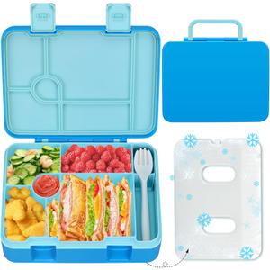 Kids Bento Lunch Box with Ice Pack, 5 Compartments Leak-Proof Bento Box with Utensils, 5.5-Cup Capacity for Adults & Ages 8+, BPA Free, Microwave & Dishwasher Safe, Blue