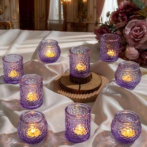 24-Piece Purple Glass Votive Candle Holders Set Tealight Candle Holder Glass Bulk with 12 Round & 12 Hammered Textured Cups, Purple Votive Candle Holders for Weddings, Parties, Home