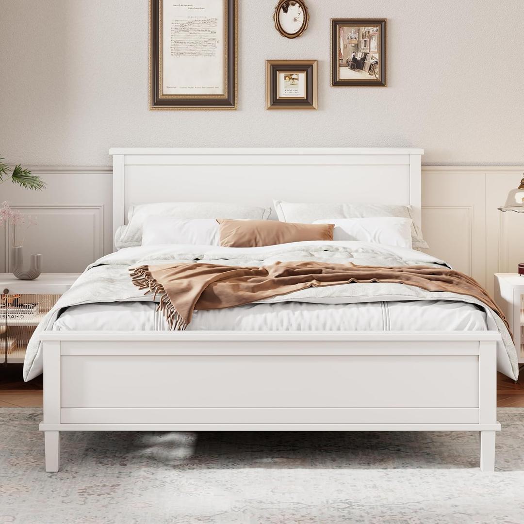 Merax Full Size Wood Platform Bed, Mid-Century Modern Bed Frame with Tall Headboard and Footboard for Bedroom, Solid Wooden Slats Support, No Box Spring Needed, Easy Assembly, White