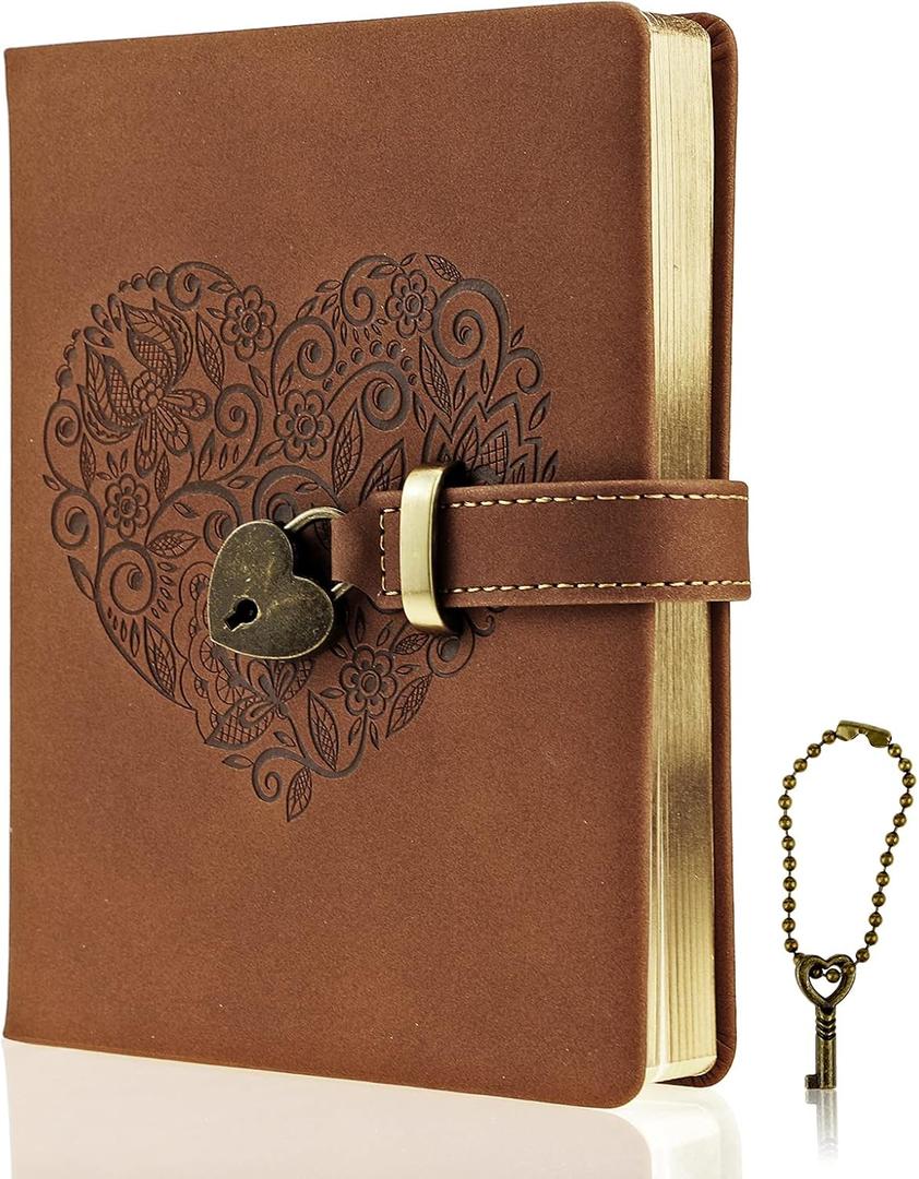 Mazeran Lock Journal, Heart Shaped Locking Leather Floral Embossing Hard Cover Gold Gild Edge Notebook Travel Diary, B6 Lined Lock with Key Personal Planner Organizer Gift for Girls Women Wife