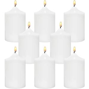 Small Unscented White Pillar Candles, 24 Hour 2x3 Inch Dripless Tapered Column Candles for Home Party Holidays, Set of 8