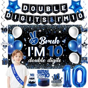 Holkcog 10th Birthday Decorations for Boys Girls, Black10th Birthday Banner, Blue Bruh I'M 10 BackdropHappy 10 Years Old Birthday Cake Topper Balloons Hanging Swirls Ten Party Supply