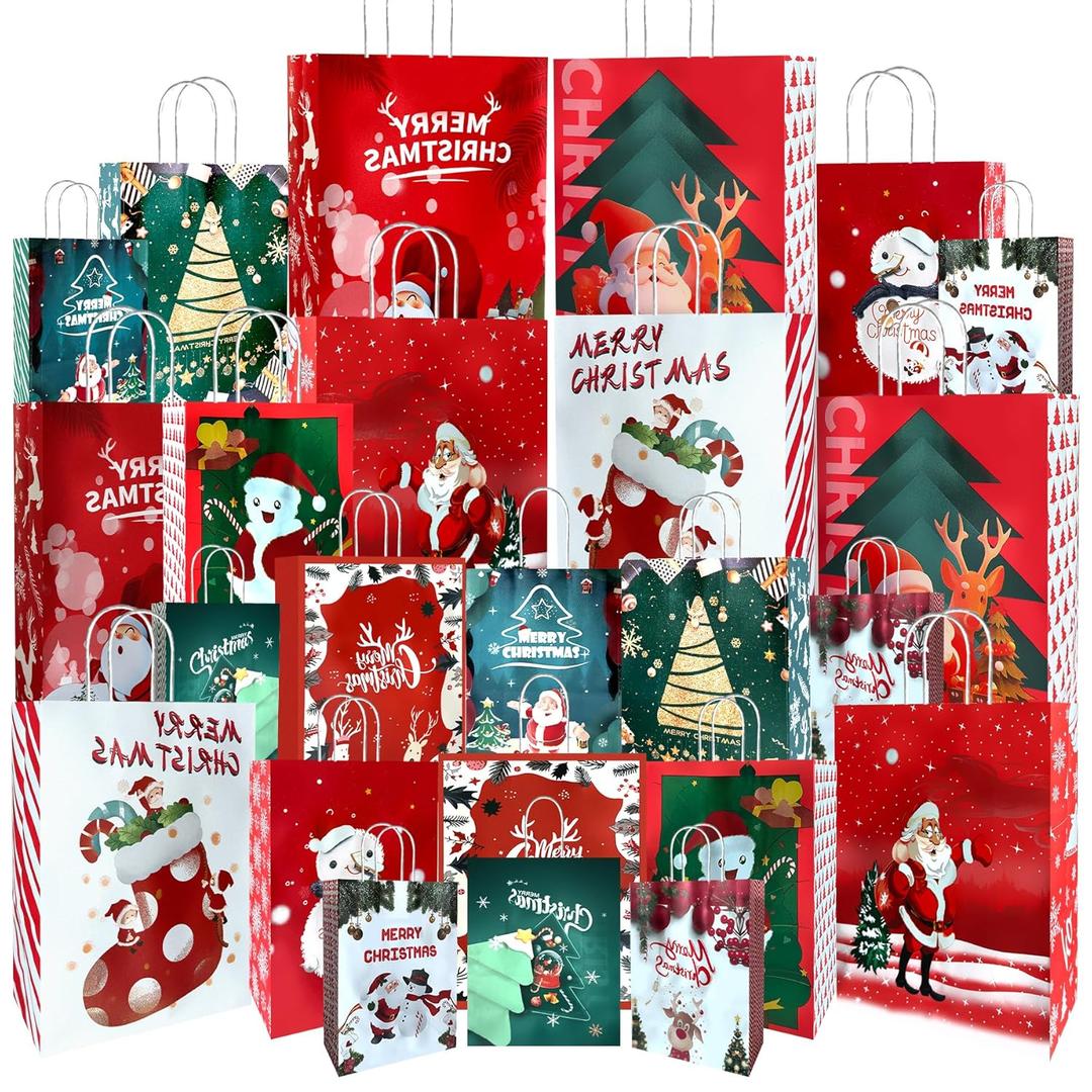 24 Pack Christmas Gift Bags Bulk Hallmark Festive Design with Handles, Assorted Gift Bag Different Sizes Sets for Gifts, Durable Kraft Paper Bags for Holiday Presents(8 Large,8 Medium,8 Small)