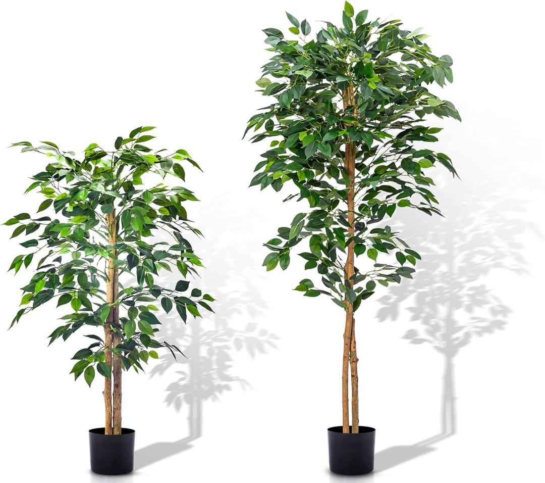 4Ft&5Ft Artificial Ficus Trees with Silk Leaves Fake Moss and Sturdy Nursery Pot, Fake Plants for Office Home Decor (4Ft&5Ft - 2Packs) (Green)