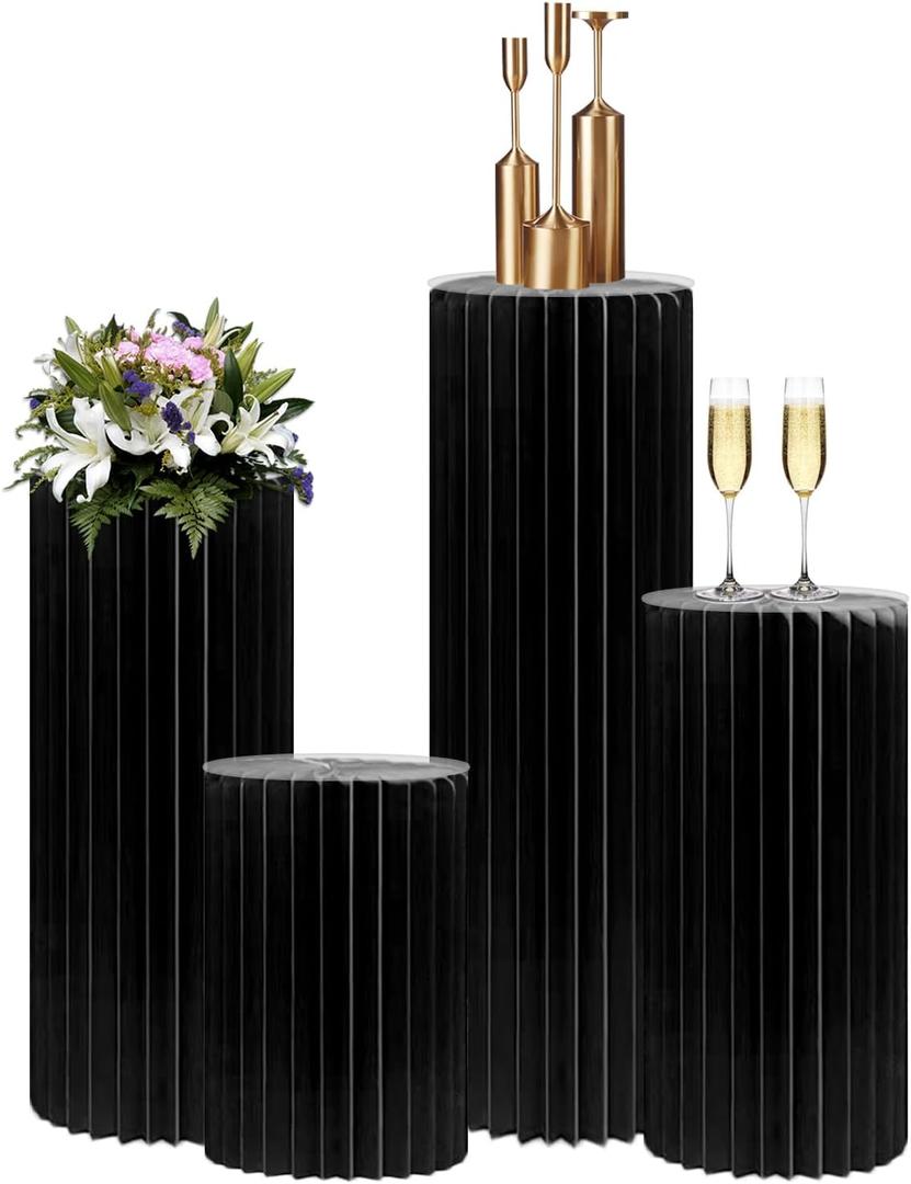 4Pack Cylinder Stands for Party, Foldable Cardboard Columns with 4 Clear Round Top Plates, Cake Display Pedestal Stand for Wedding Banquet Vendor Events Decorative (Black)
