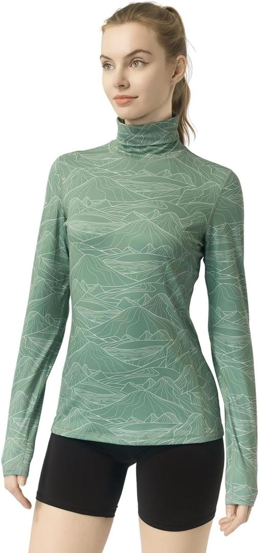 Women's Slim Fit Turtleneck Base Layer Long Sleeve Top, Mountain Print, Moisture-Wicking for Workouts & Outdoor (Green, S)