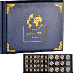 Coin Collection Supplies Holder Book for Collectors, 300 Pockets Coin Collection Organizer Storage Box Case Album for 20/25/ 27/30/ 38mm Coins- Blue