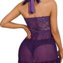 Avidlove Women Lingerie Sexy Open Front Lace Babydoll Dress with Thong Halter Mesh Nightgown XL