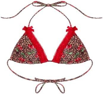 SOLY HUX Women's Leopard Print Halter Triangle Bikini Tops Lace Trim Cherry Print Bathing Suit Swimsuit Tops, Small
