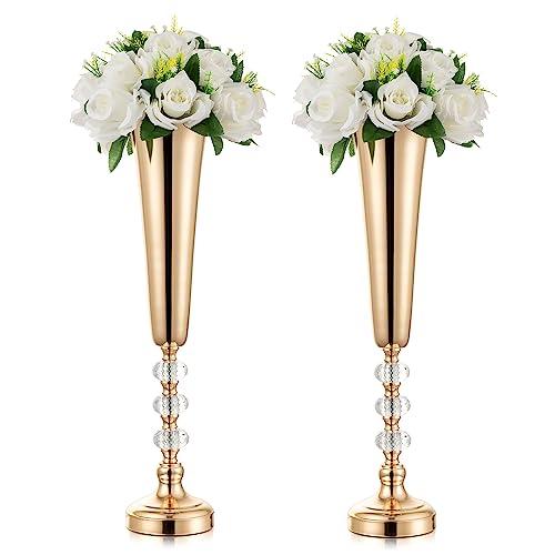 Inweder Metal Gold Trumpet Vase - 2 Pcs Tall Tabletop Vases for Centerpieces, 20.8in, Flower Stand for Wedding, Birthday, Home Decor