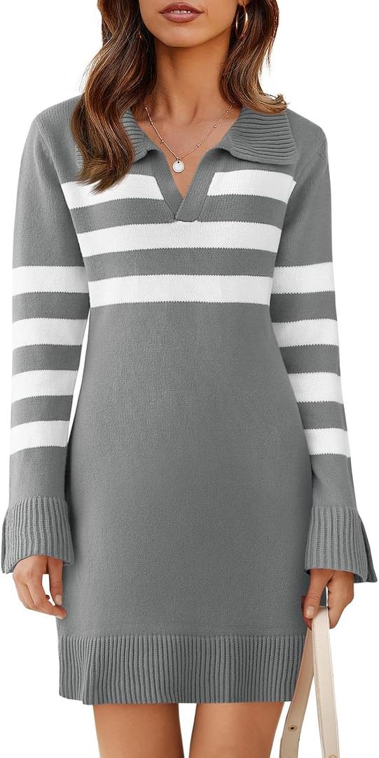 Saodimallsu Womens Striped Sweater Dress V Neck Collared Long Sleeve Slim Fit Ribbed Knit Trendy Mini Dresses (Small, Gray)
