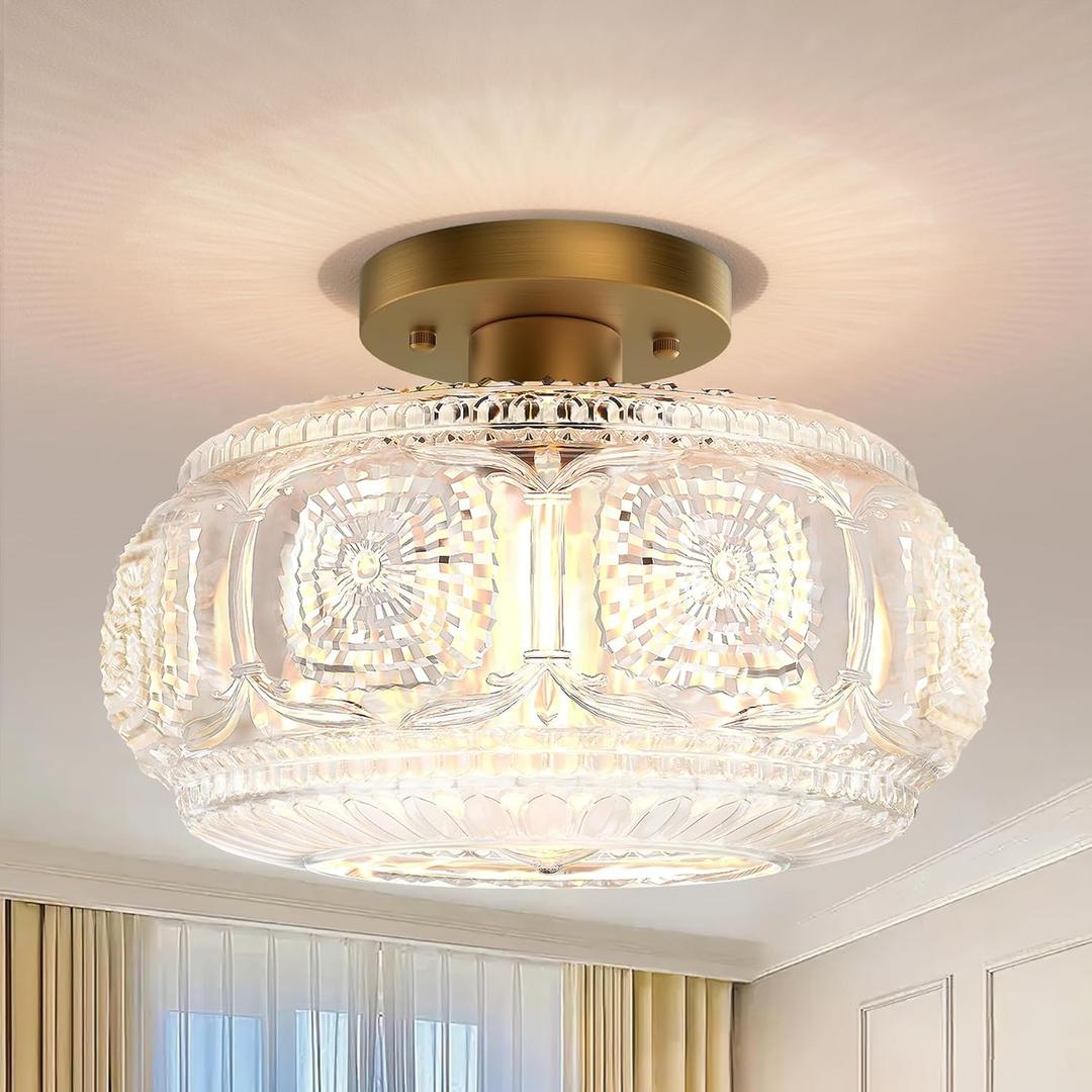 Semi Flush Mount Ceiling Light, Upgraded Larger Gold Glass Ceiling Light Fixture, Vintage Lighting for Hallway Kitchen Bedroom Dining Room, Bulb Not Included (11.03 inch)