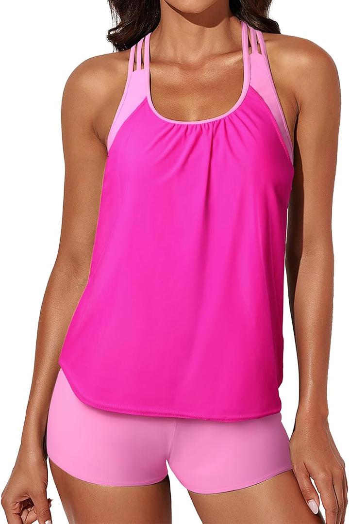 Aleumdr Womens Blouson Striped Printed Push up Strappy T-Back Tankini Top with Shorts, (Small)