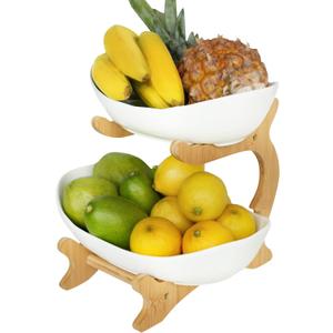 2 Tier Fruit Basket,Ceramic Fruit Bowl for Kitchen Counter,Fruit Basket for Kitchen,Fruteros para Cocina,Large White