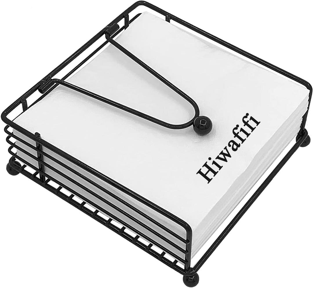 hiwafifi Napkin Holder for Table, Flat Napkin Dispenser with Weighted Arm, Square Cocktail Paper Holder of Elegant Rustic Iron for Kitchen Dining Room Decor Restaurant Farmhouse Hotel Party, Black