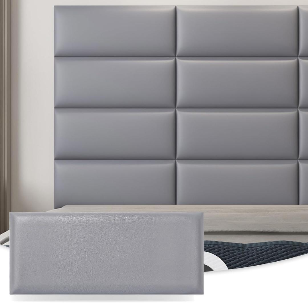 Art3d Peel and Stick Headboard for Full and Queen in Grey, Pack of 9 Panels Sized 9.84" x 23.62", 3D Soundproof Wall Panels, Upholstered Wall Panel, Gray