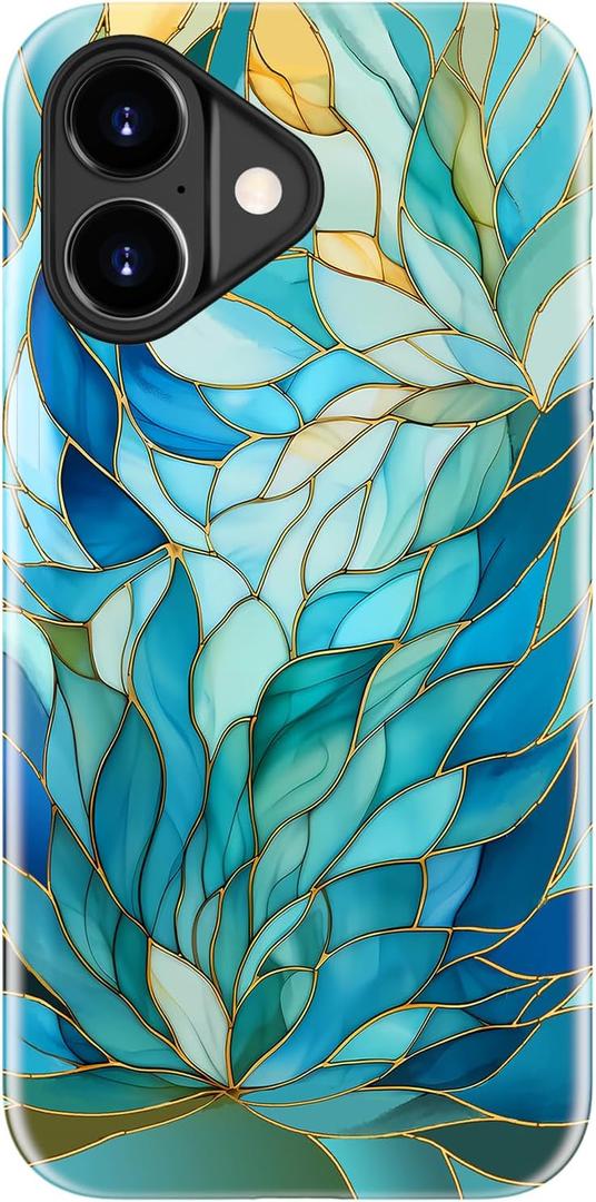Goodon for iPhone 17 Case Cute - Wireless Charging Compatible - Dual-Layer Hard Shell + Silicone Cover - Protective Phone Case with Trendy Designs for Women - Blue Leaves Flower