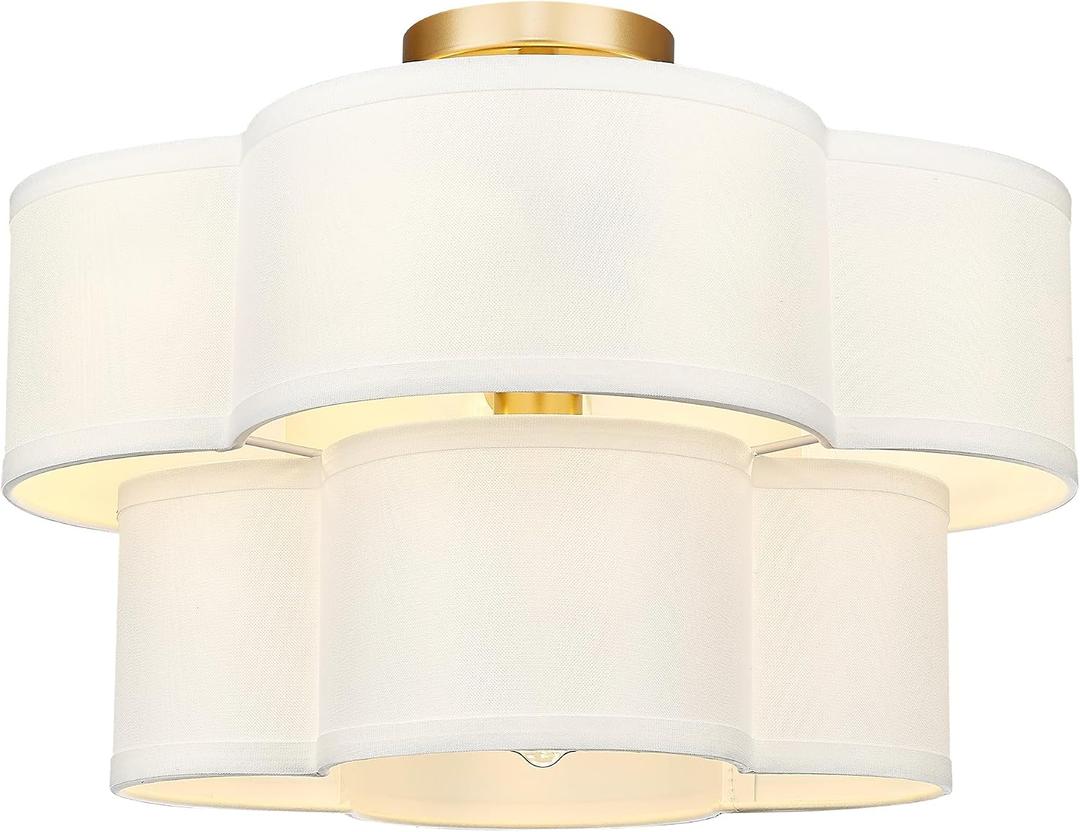 Gold Semi Flush Mount Ceiling Light, 5-Light 18" Ceiling Light Fixtures with Double Fabric Drum Shade in Quatrefoil Shape, Light Fixtures Ceiling Mount for Nursery Bedroom, AD-22007-5SF-GD
