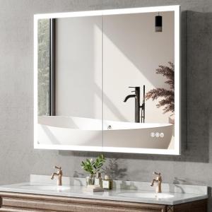 40"x32" Medicine Cabinet Mirror, LED Lighted Medicine Cabinet with Electrical OutletUSB, Anti-Fog, 3 Colors Temperature Stepless Dimmable, Aluminum Cabinet for Storage and Mordern Decor