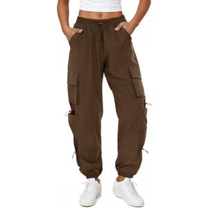 COPYLEAF Womens Parachute Cargo Pants with Pockets Quick Dry Hiking Pants Lightweight Water-Resistant Baggy Joggers (Brown, S)