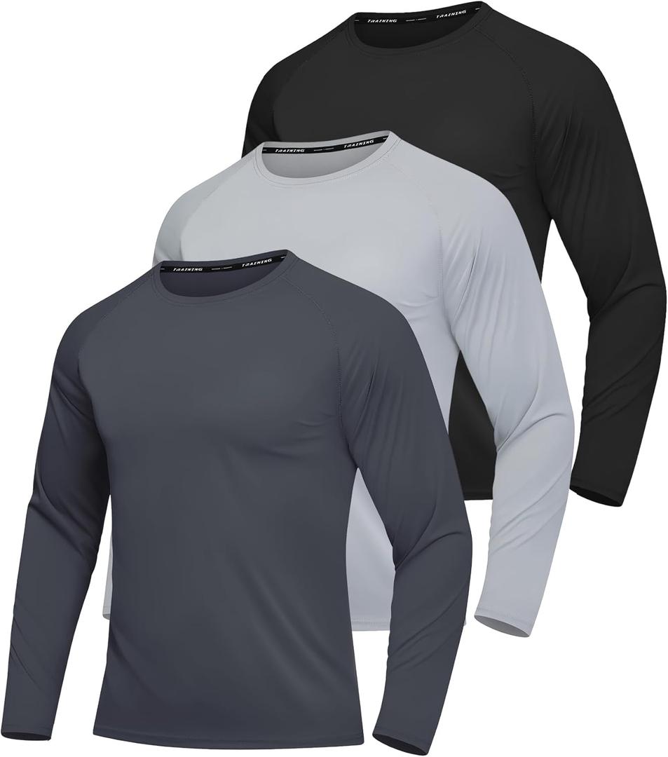 3 Pack Men's Rash Guard Shirts Long Sleeve UV SPF UPF 50+ Sun Protection Shirts Swim Shirts Quick Dry Workout Hiking (X-Large, 3 Pack:black+dark Grey+light Grey)