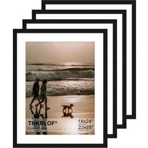 22x28 Picture Frame Set of 4, Wooden Poster Frames with 18x24 Mat for Wall Display,Black, 22x28 in