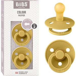Bibs Pacifiers Color Collection, Set of 2 BPA-Free Latex Pacifiers Made in Europe, Round Nipple Baby Pacifier. (6+ Month (Pack of 2), Mustard)